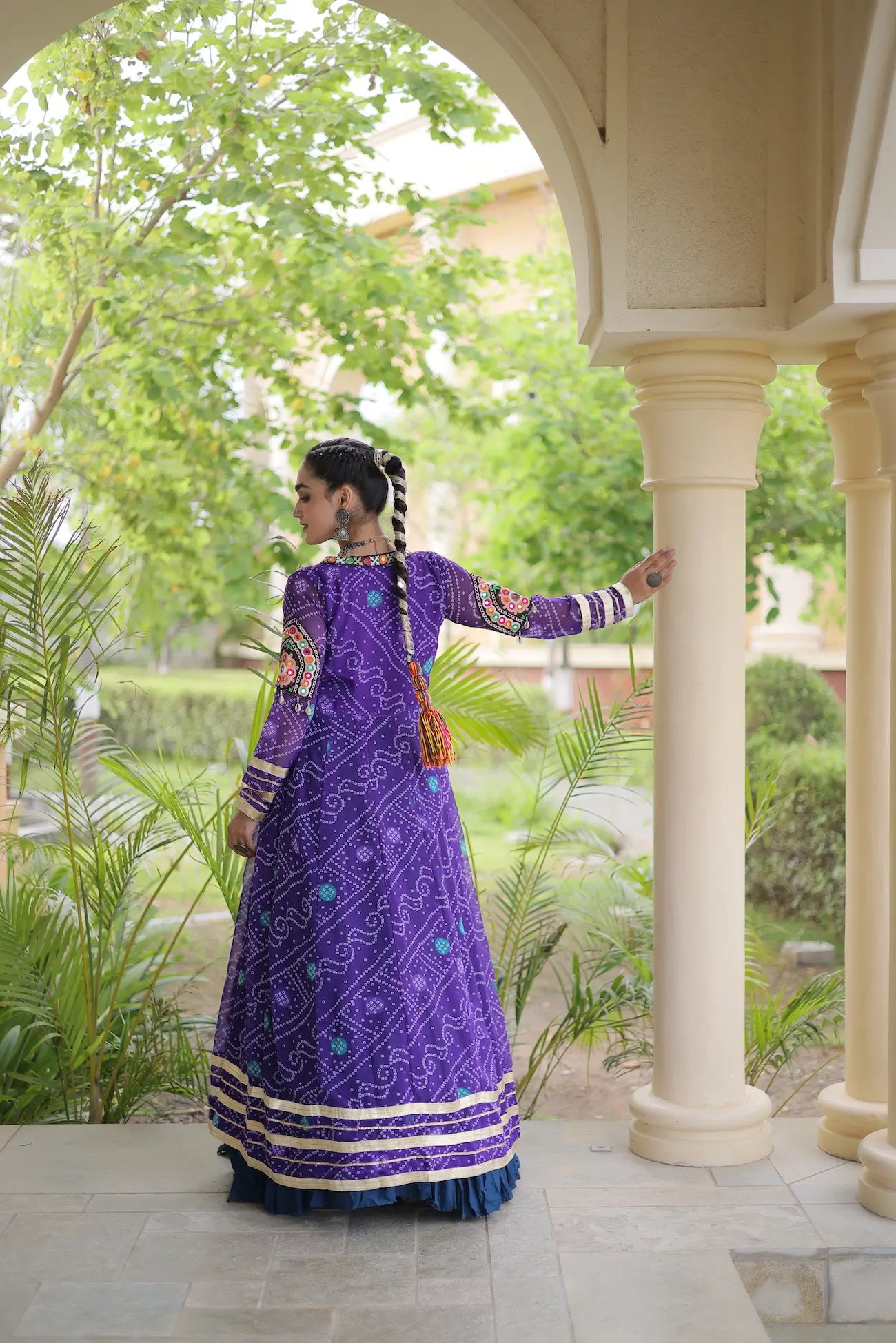 Blue-Purple Patch Work Navratri Lehenga With Shrug