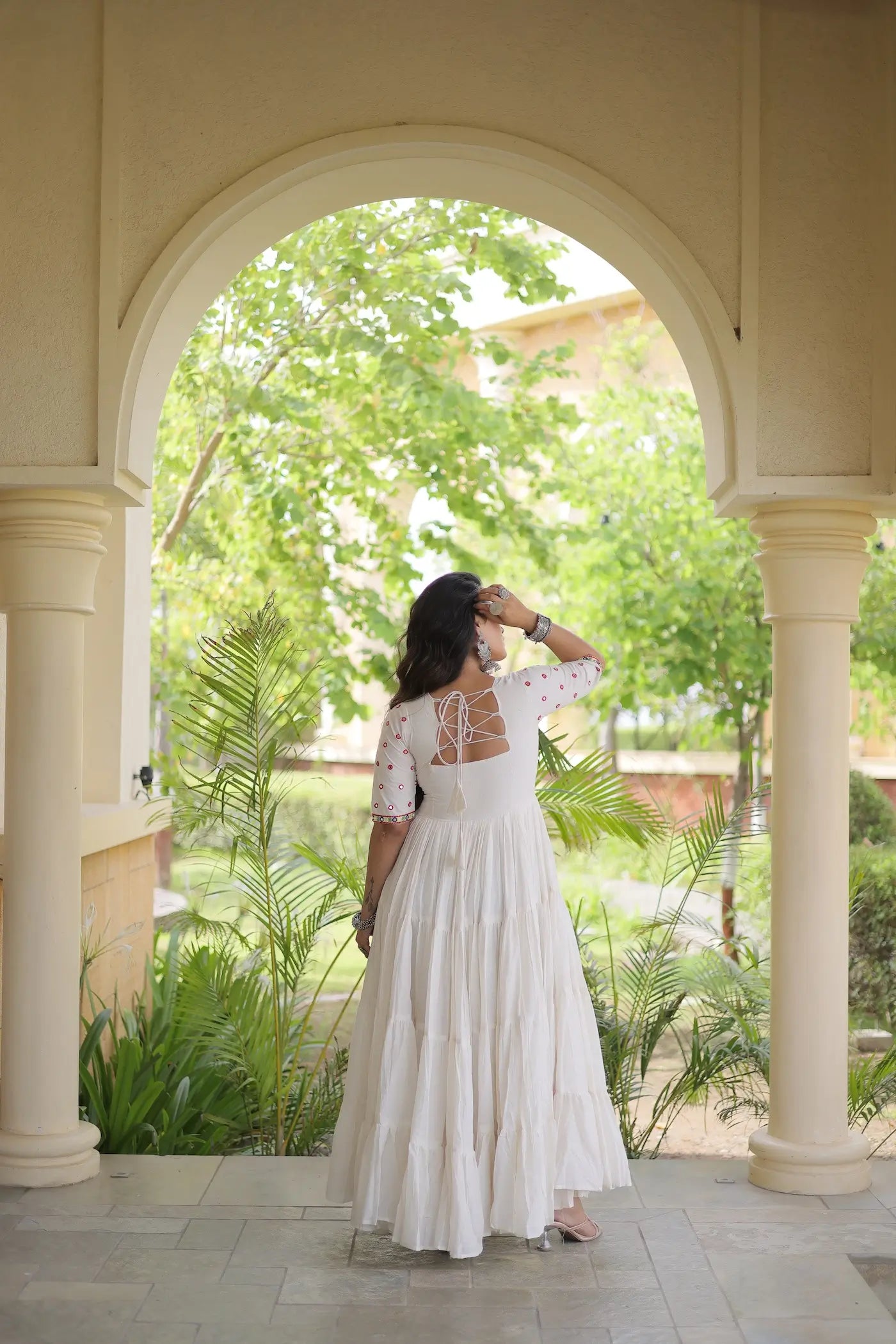White Navratri Gown With Mirror & Embroidery Work