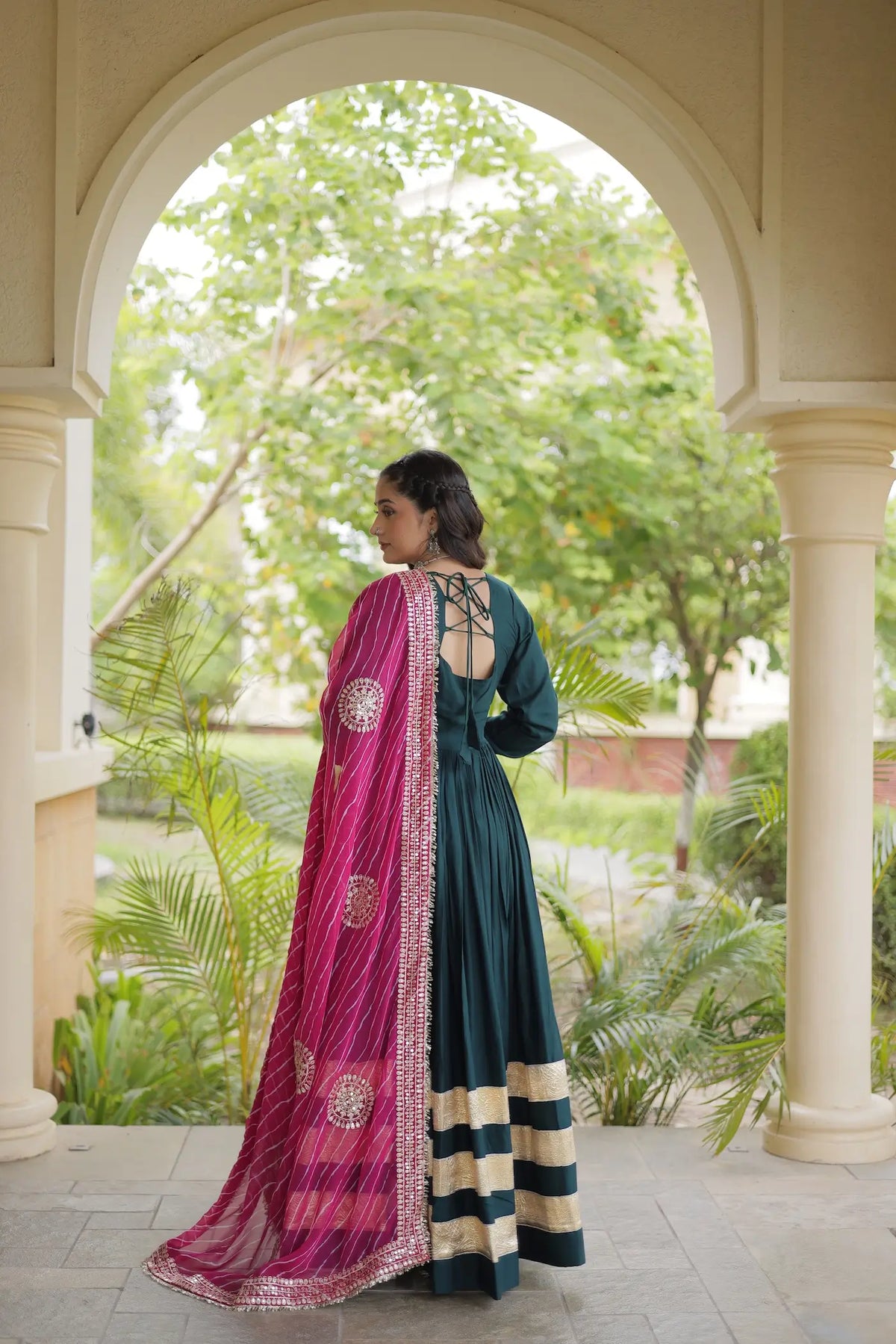 Green Navratri Gown With Embroidered Dupatta
