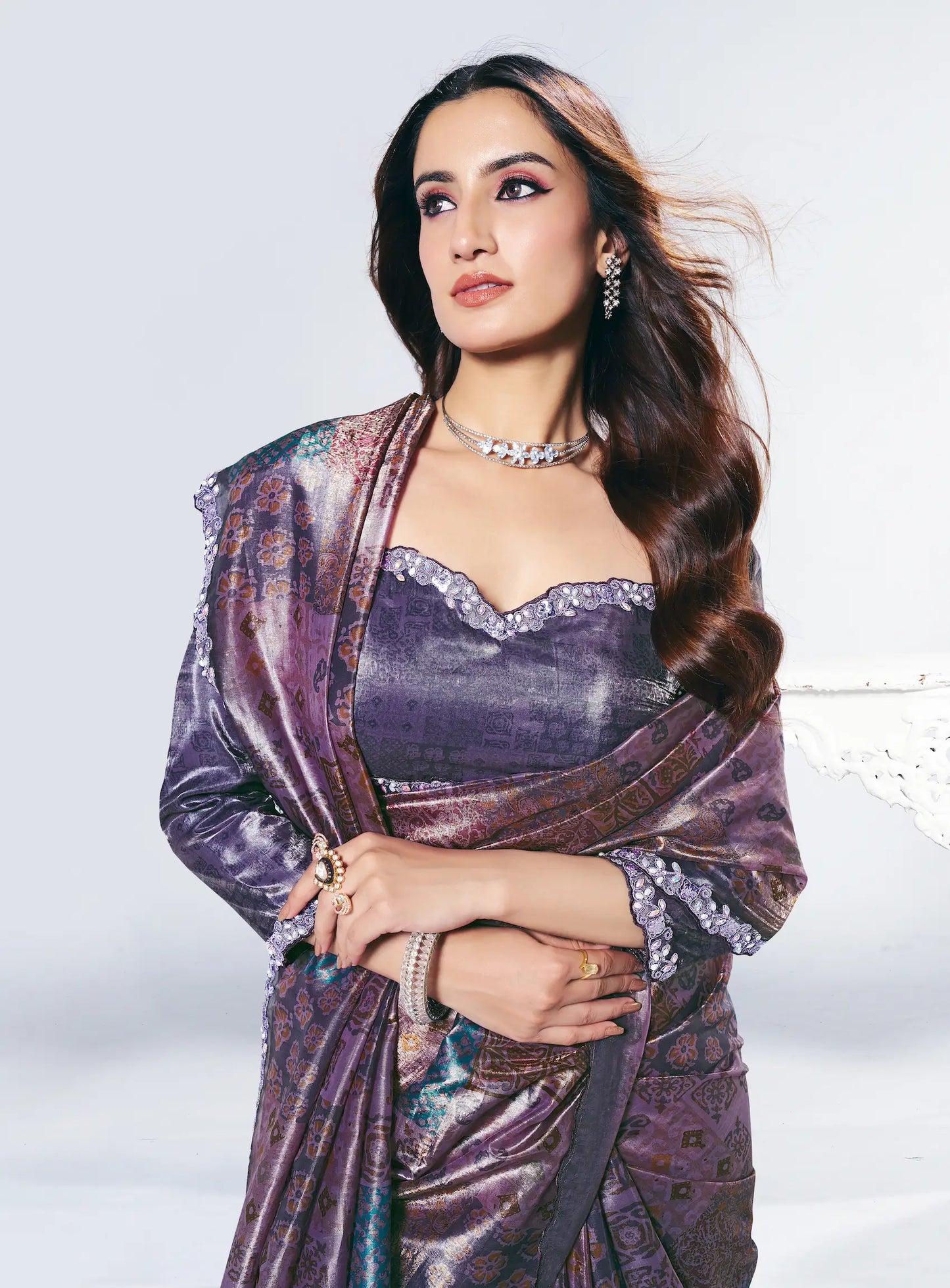 Dark Mauve Paper Silk Saree With Print & Stone Handwork