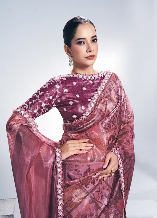 Brownish Pink Paper Silk Saree With Print & Stone Handwork