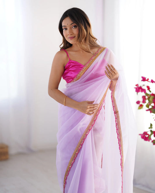 Lavender Twill Net Saree With Lace Border