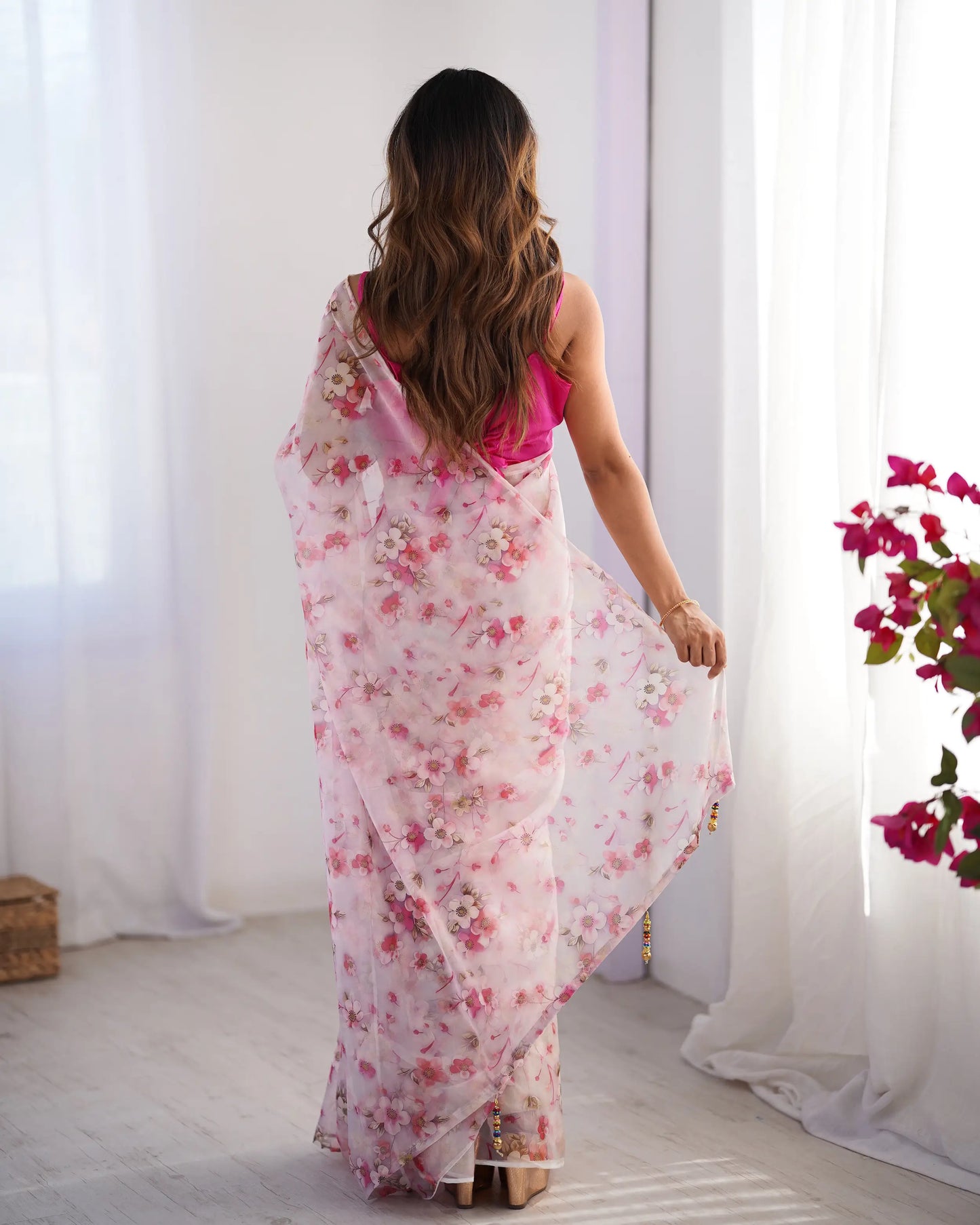 Greyish Pink Floral Printed Organza Saree