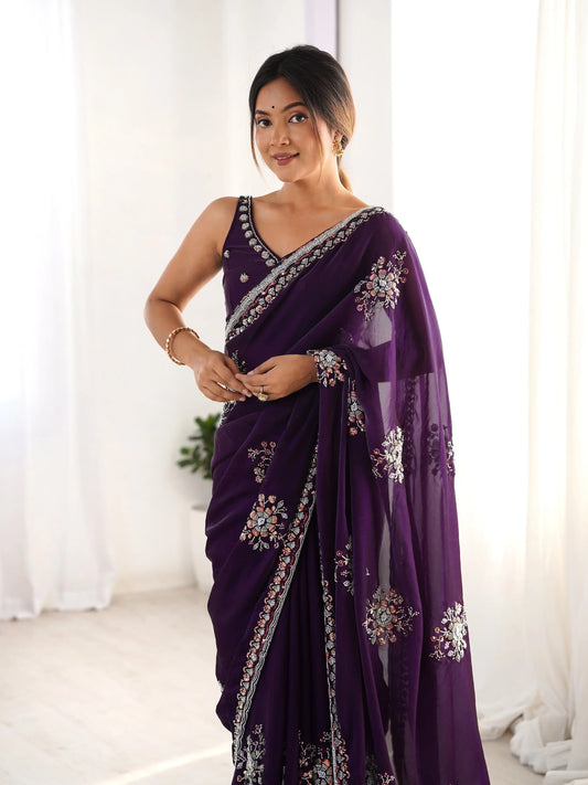 Dark Purple Fendi Silk Hand Work Saree