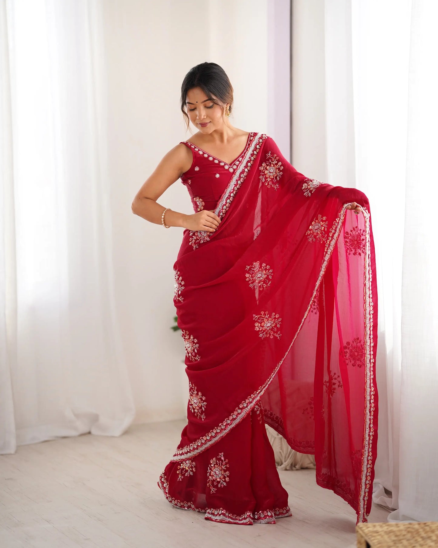Bright Red Fendi Silk Hand Work Saree