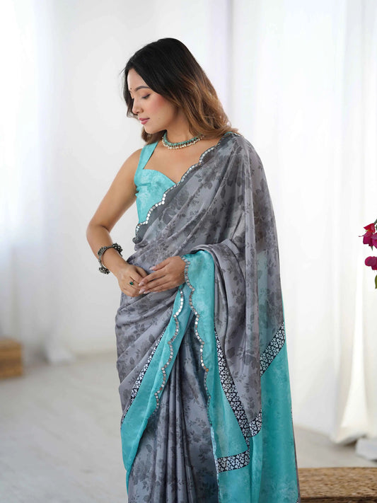 Oslo Grey Digital Floral Print With Mirror Cut Work Saree