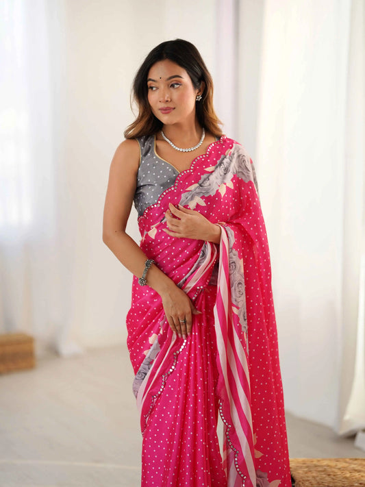 Cerise Pink Digital Floral Print With Mirror Cut Work Saree