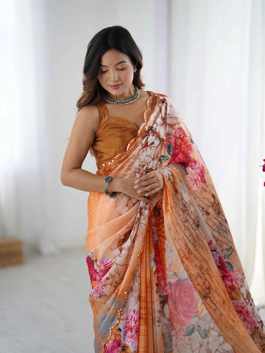 Peach Brown Digital Floral Print With Mirror Cut Work Saree