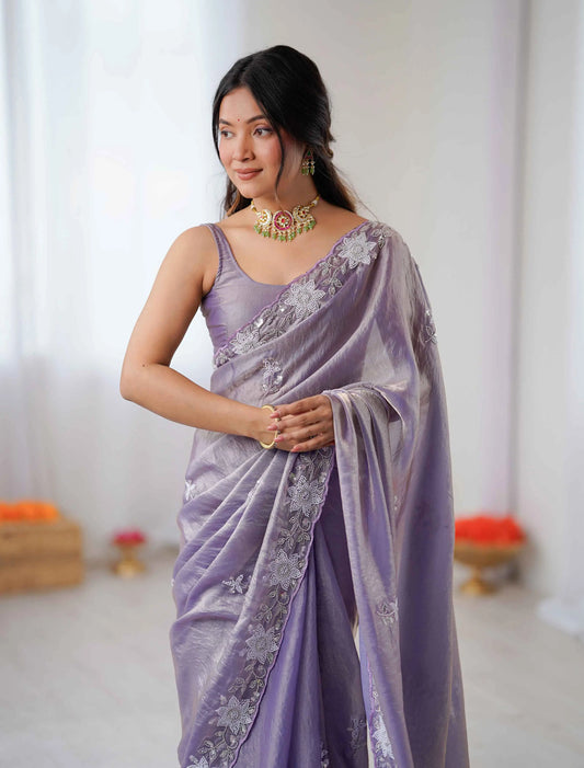 Shiny Lavender Hand Work Party Wear Saree