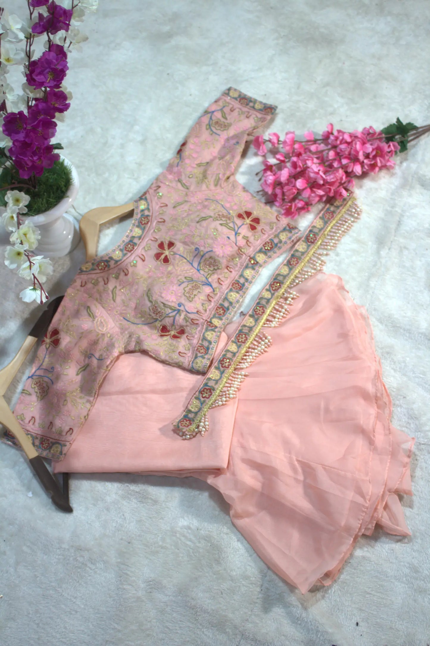 Peach Pink Organza Ruffle Saree With Embroidered Blouse