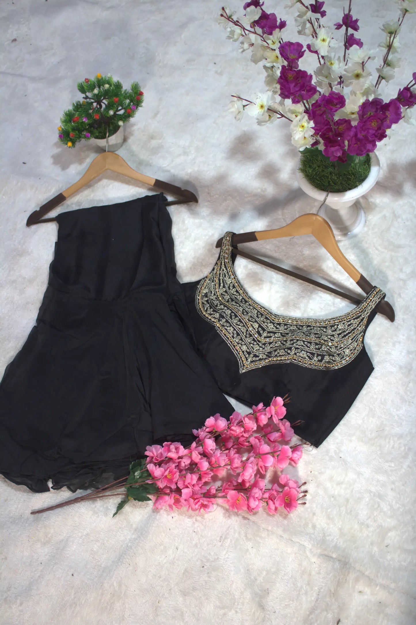 Hot Black Organza Ruffle Saree With Embroidered Blouse