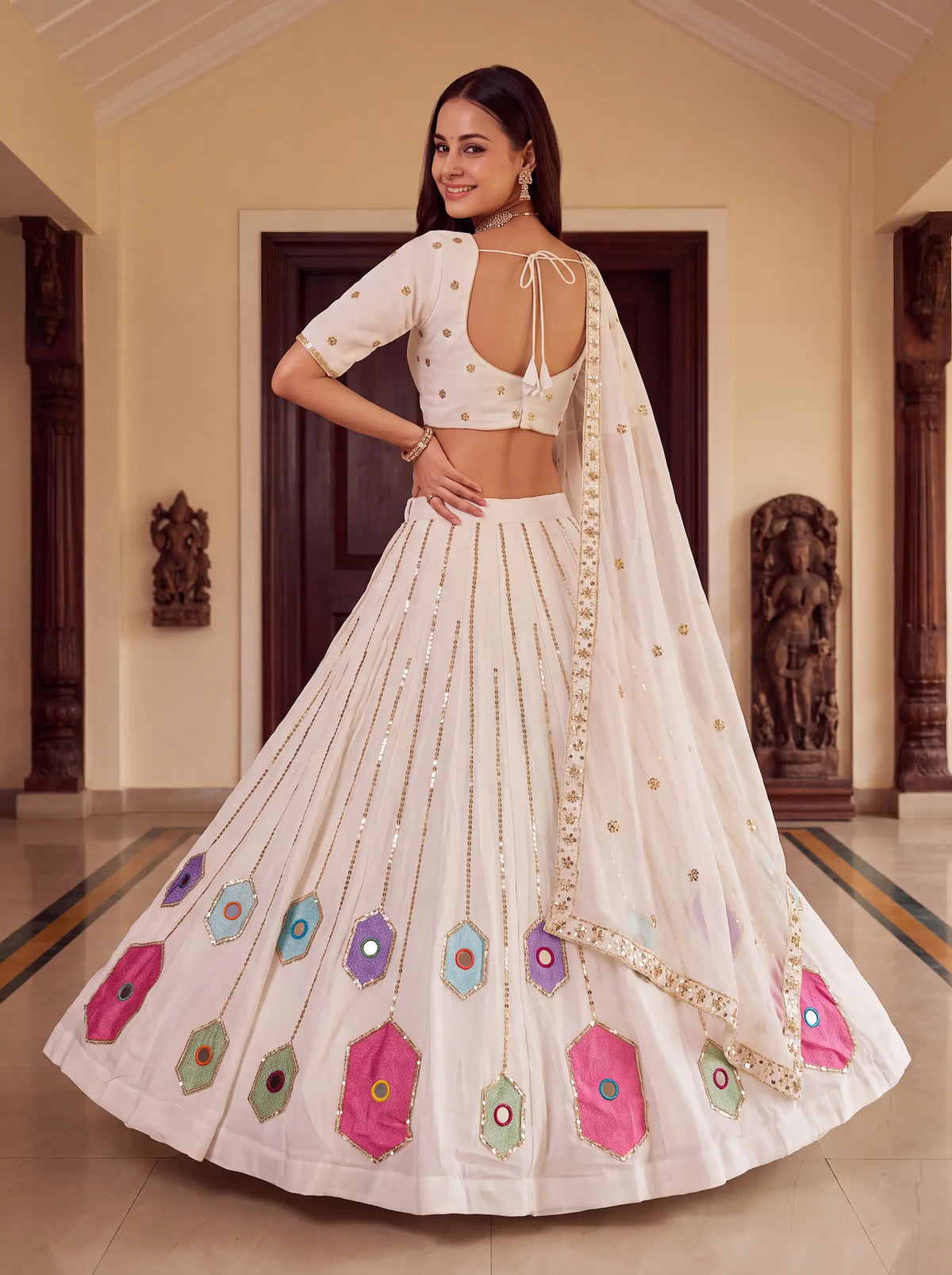White Navratri Lehenga With Embroidery & Mirror Work