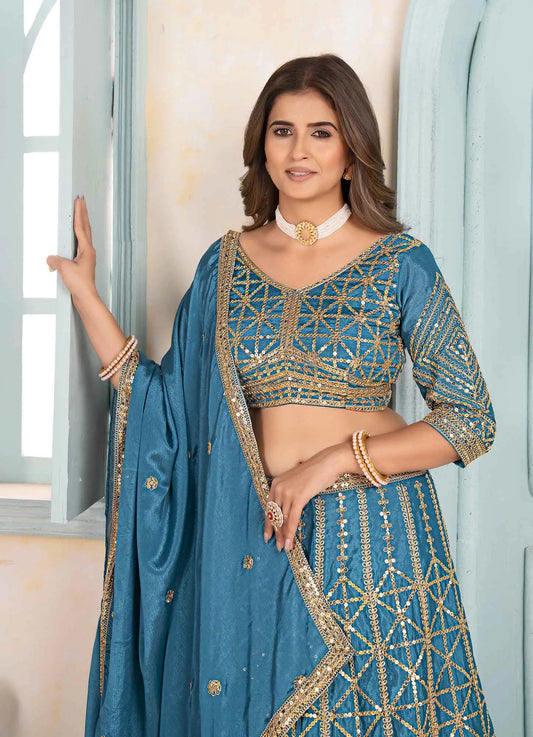 Designer Sky Sequins Embroidery Work Lehenga Choli