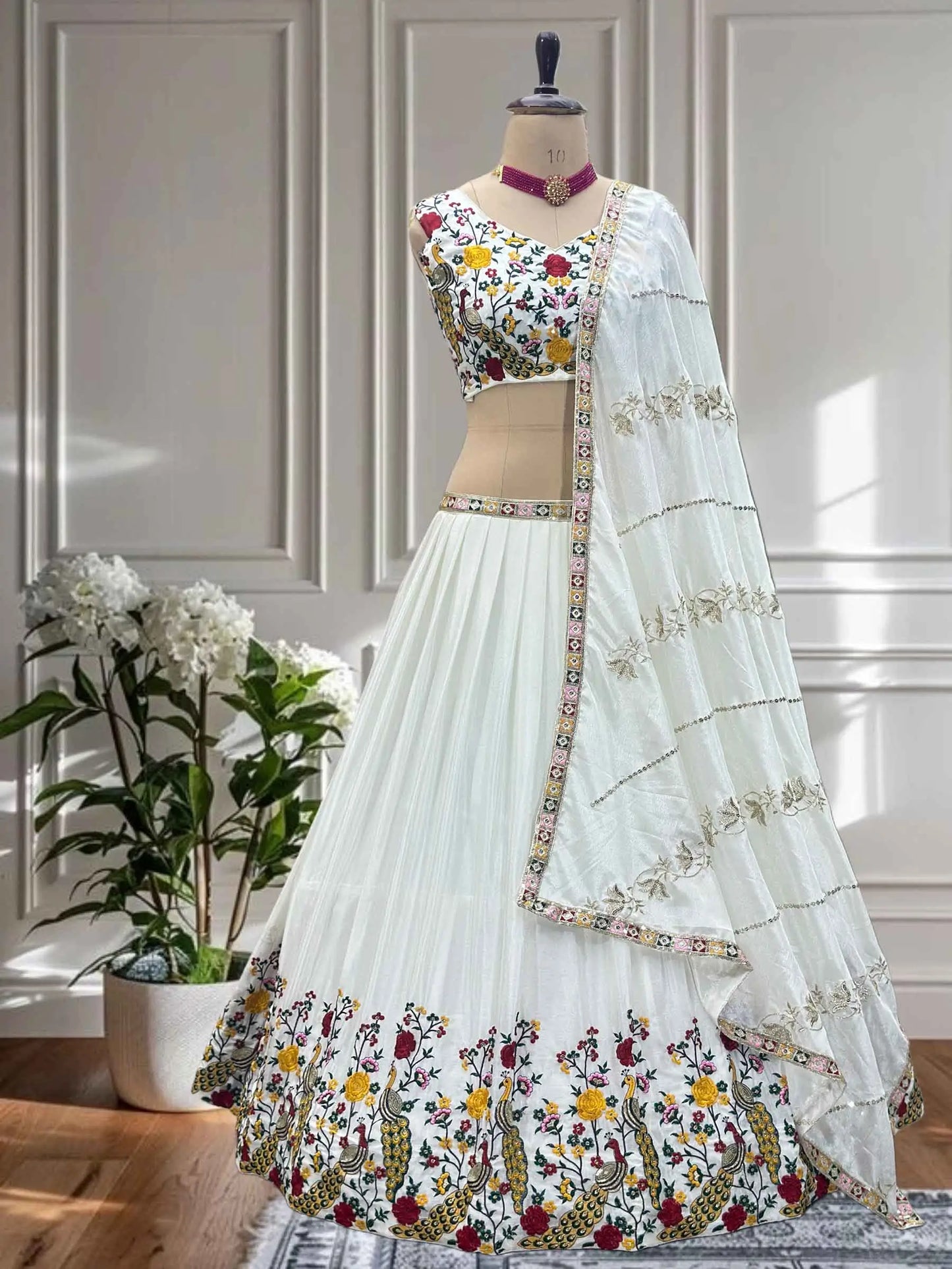 White Multi Thread Sequins Embroidery Design Work Lehenga Choli