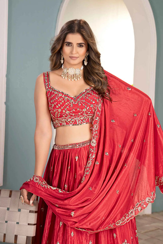 Paprika Red Sequins Embroidery Design Coding Work Lehenga Choli