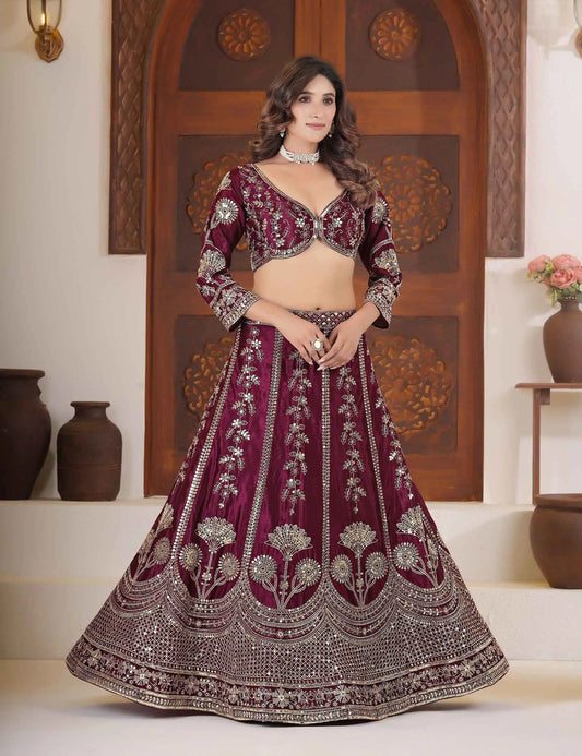 Maroon Lehenga Choli With Sequins Zari Embroidery Work
