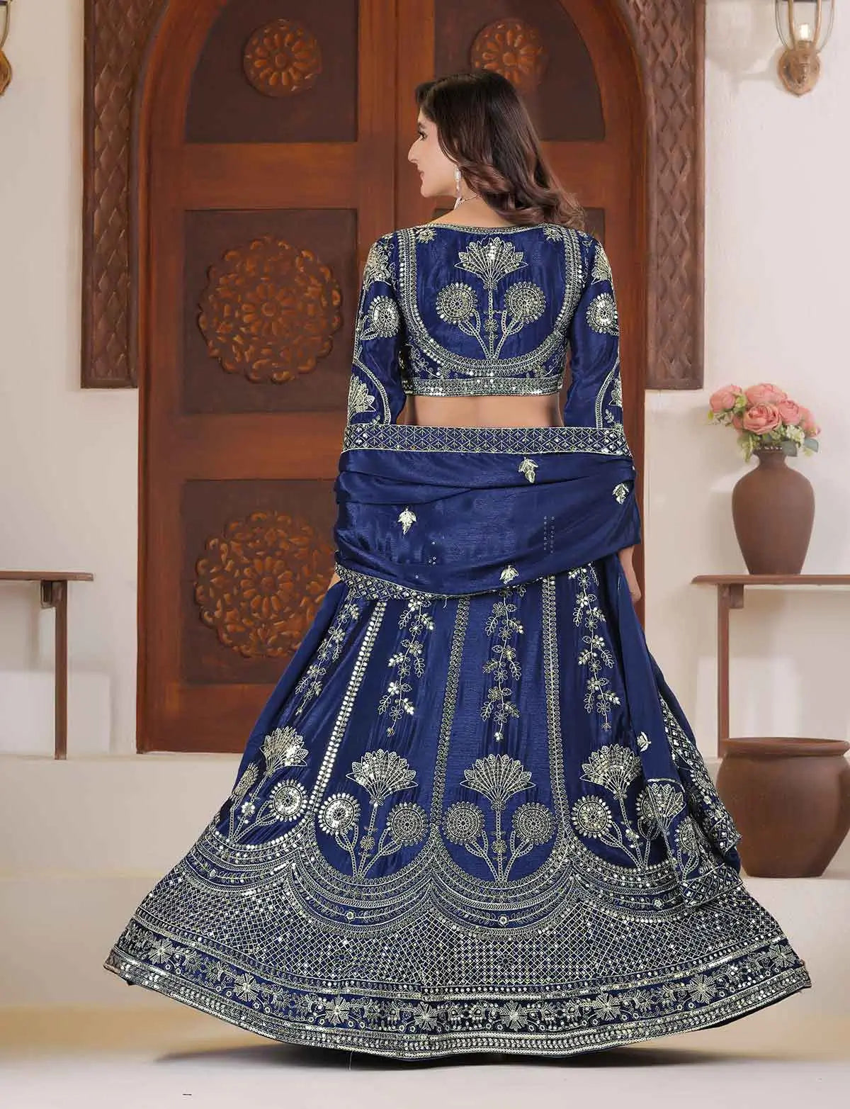 Blue Lehenga Choli With Sequins Zari Embroidery Work