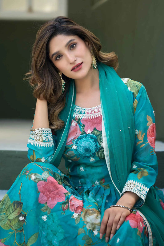 Dark Cyan Floral Embroidery Work Gown