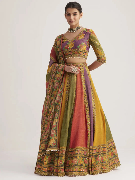 Multi color floral printed pure soft organza lehenga with dupatta