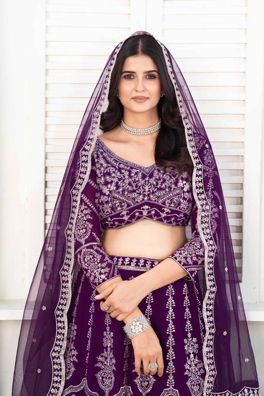 Deep Violet Thread Sequins Embroidery Work Georgette Lehenga