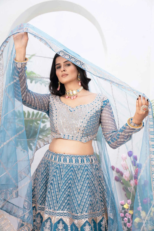Bluish Cyan Net Lehenga With Embroidery Sequins Design Work And Dupatta