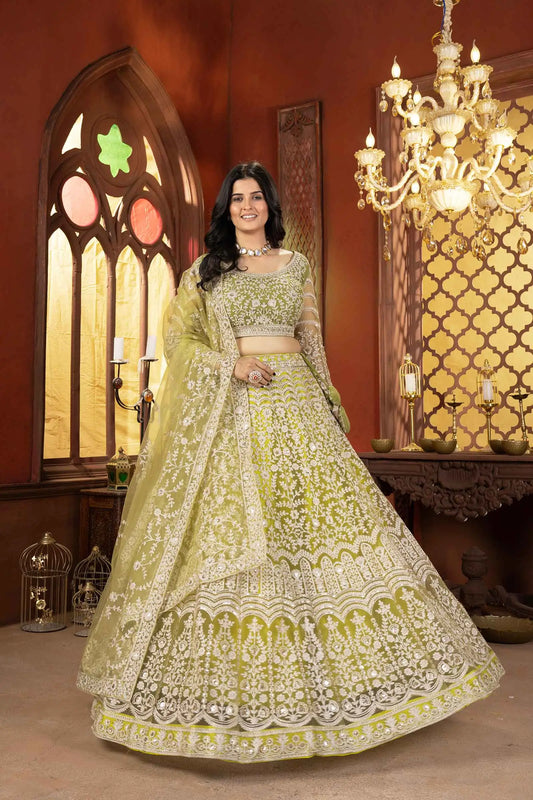 Light Olive Green Shining Thread Embroidery Design Net Lehenga Choli