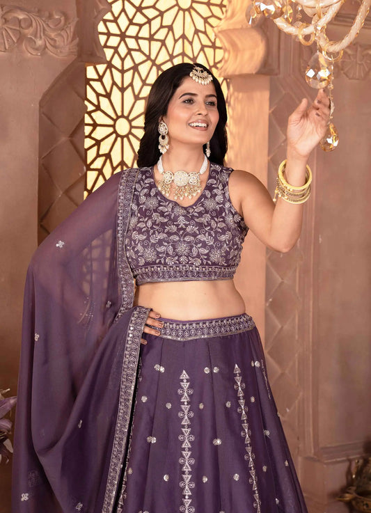 Plum Purple Georgette Sequins Embroidery Work Lehenga Choli