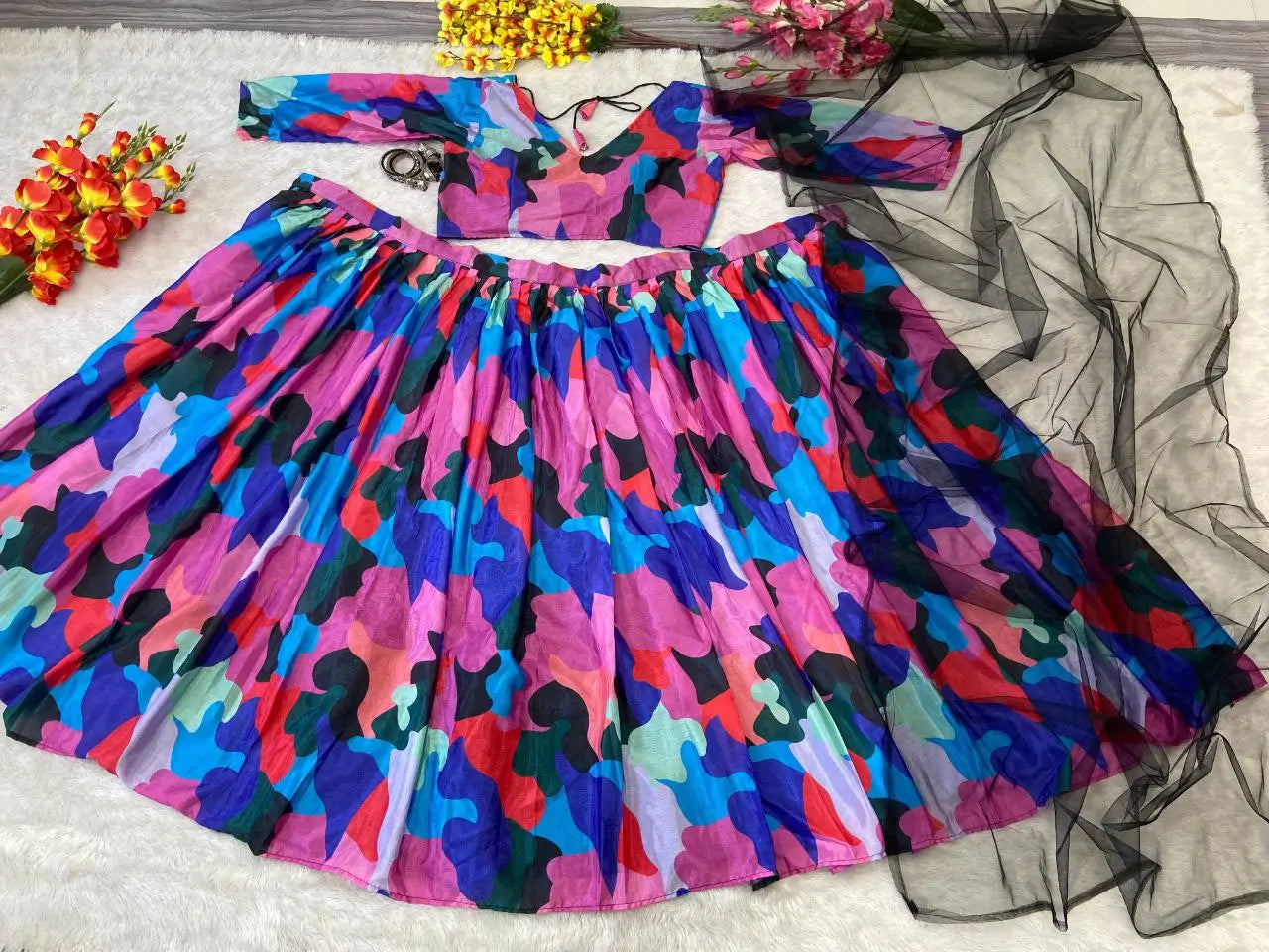 Multi Color Pink Chinon Silk Lehenga With Beautiful Digital Print With Plain Dupatta