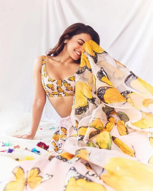 Beautiful Yellow Butterfly Digital Print Silk stylish Lehenga