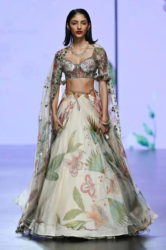 Light Beige Floral Print With Beautiful Hand Work Party Wear Lehenga
