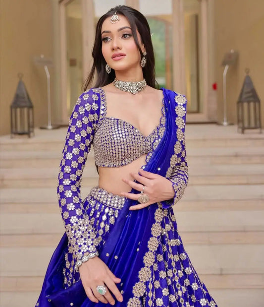 Royal Blue Coding And Heavy Foil Mirror Work Party Wear Lehenga