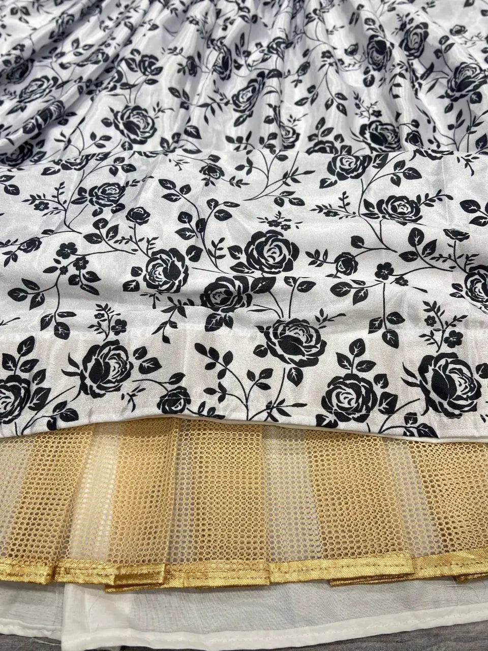 White And Black Chinon Silk Lehenga With Floral Digital Print