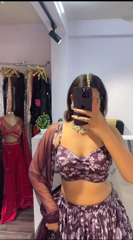 Purple Wine Chinon Silk Lehenga With Floral Digital Print And Dupatta