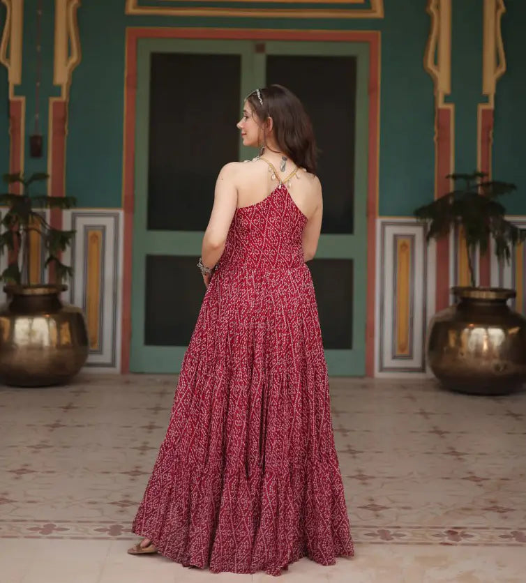 Maroon Bandhani Print With Kutchi Patch Work Navratri Gown