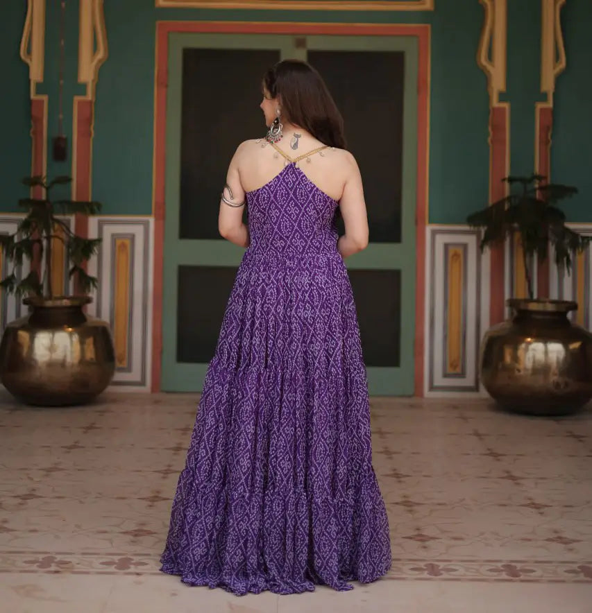 Purple Bandhani Print With Kutchi Patch Work Navratri Gown