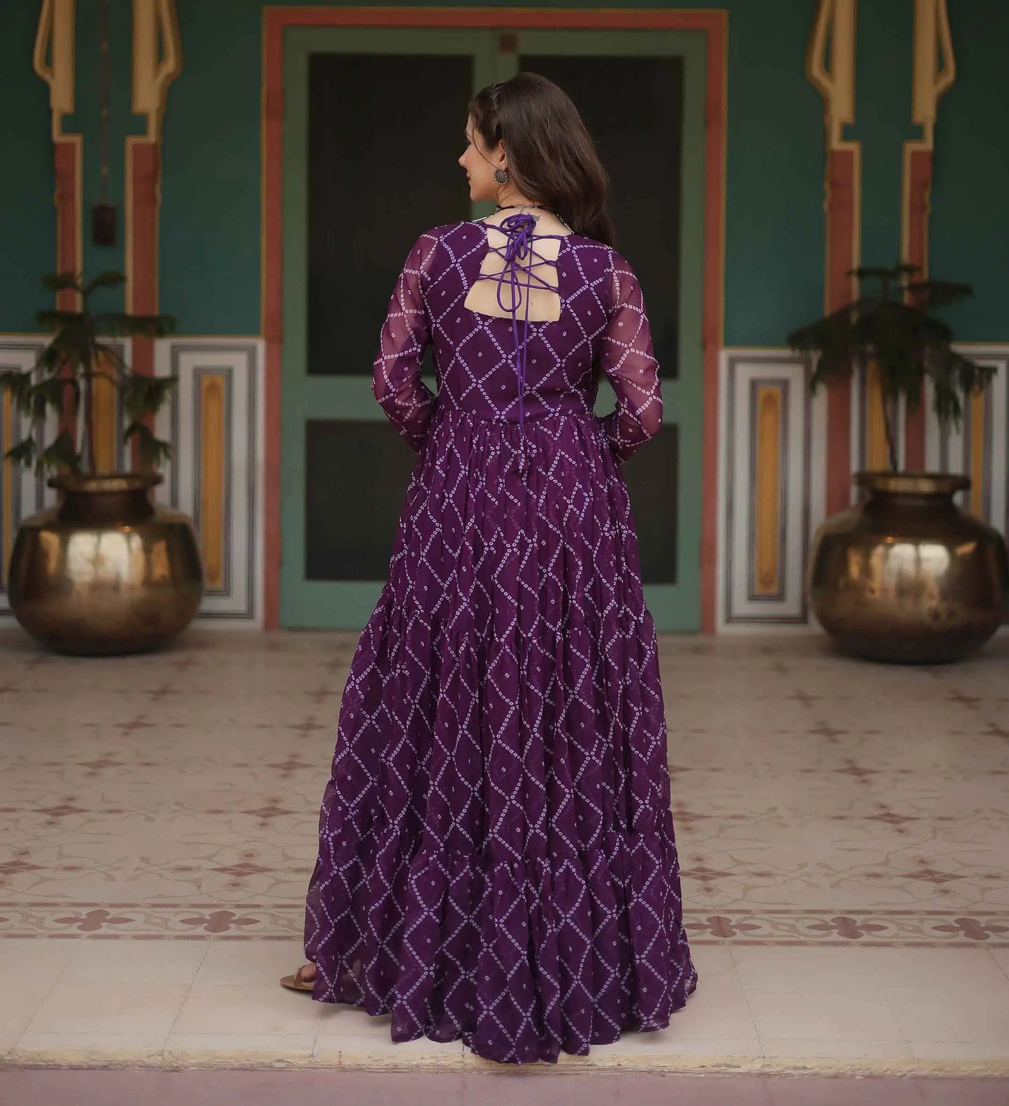 Wine Bandhani Print With Kutchi Patch Work Navratri Gown