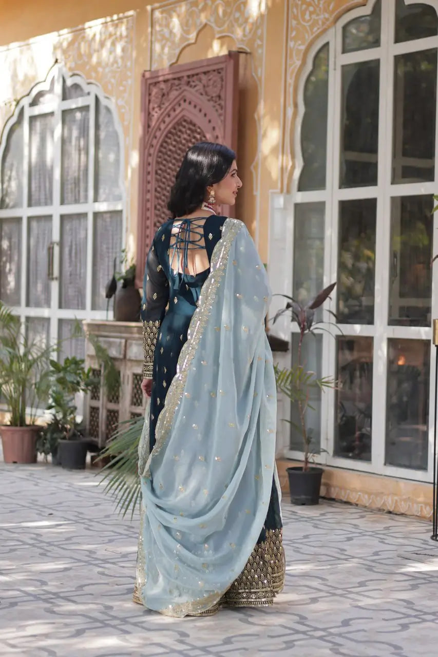Grayish Blue Designer Gown With Sequins Embroidery Work With Dupatta