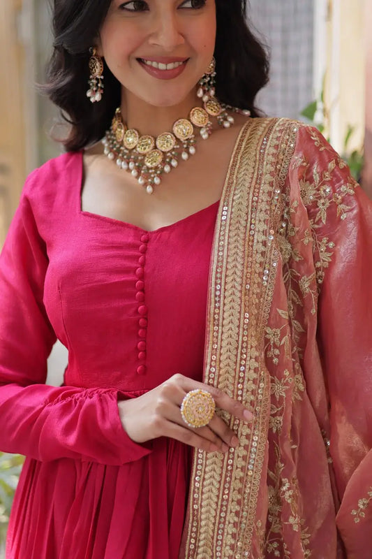 Pink Shimmer Vichitra Rich Sequins Embroidered Gown With Heavy Dupatta