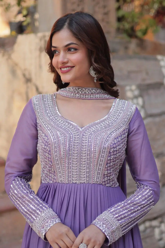 Lilac Purple Georgette Embroidery Beads Sequins Work Gown With Dupatta