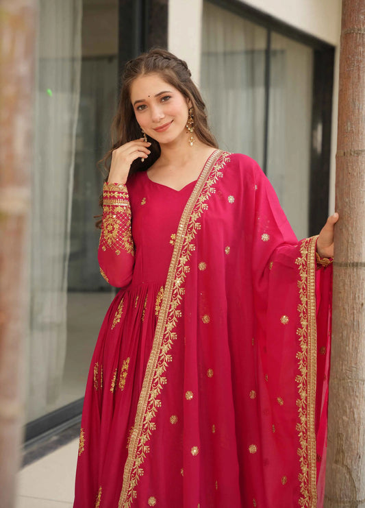 Cerise Pink Georgette Gown With Zari Embroidery Work And Dupatta