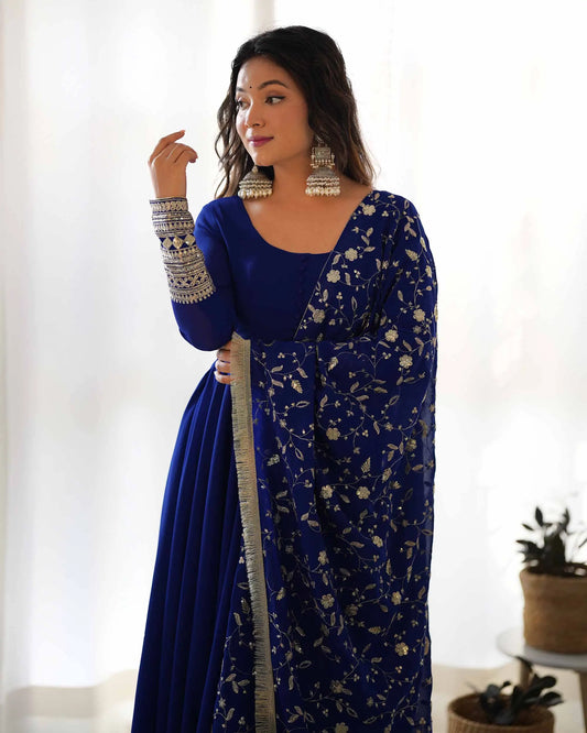 Royal Blue Designer Georgette Gown With Heavy Embroidery Work Dupatta