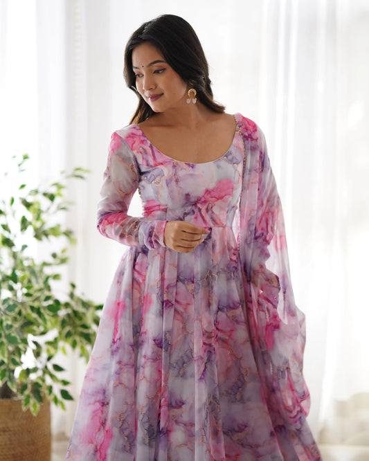 Off White Multi Color Printed Organza Anarkali Gown