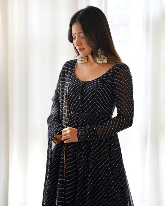 Met Black Laheriya Print Georgette Anarkali Gown With Dupatta