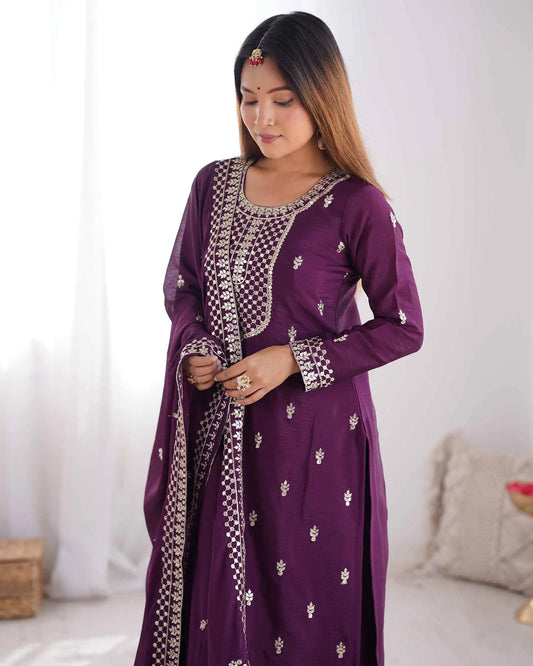 Wine Chinon Silk Salwar Suit With Sequins Zari Embroidery Work with Heavy Dupatta