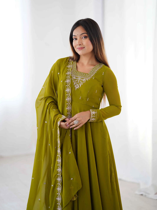 Mehndi Green Designer Embroidery Beads And Zari Work Gown With Dupatta