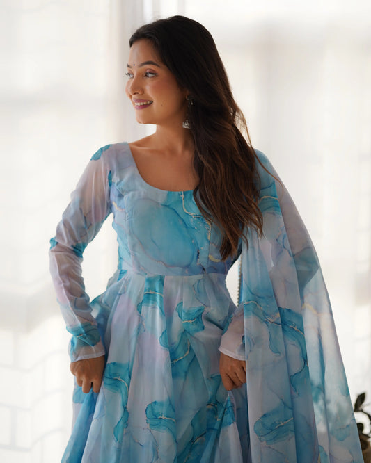 Sky Blue Organza Silk With Marble Print Anarkali Gown And Dupatta