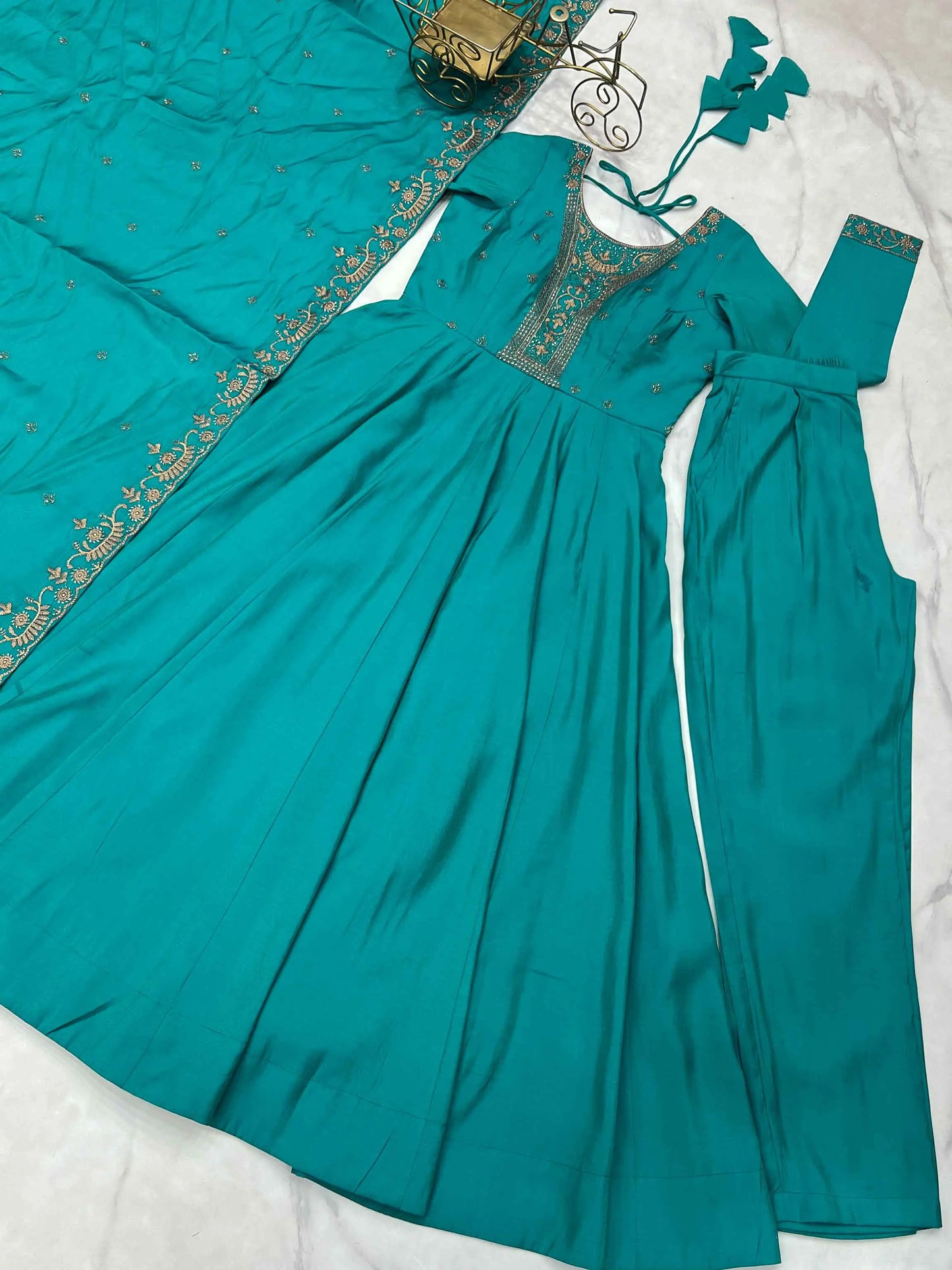 Dark Cyan Silk Gown With Beads Hand Work