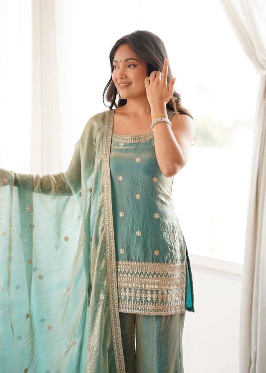 Sea Green Silk Embroidered Sharara Suit