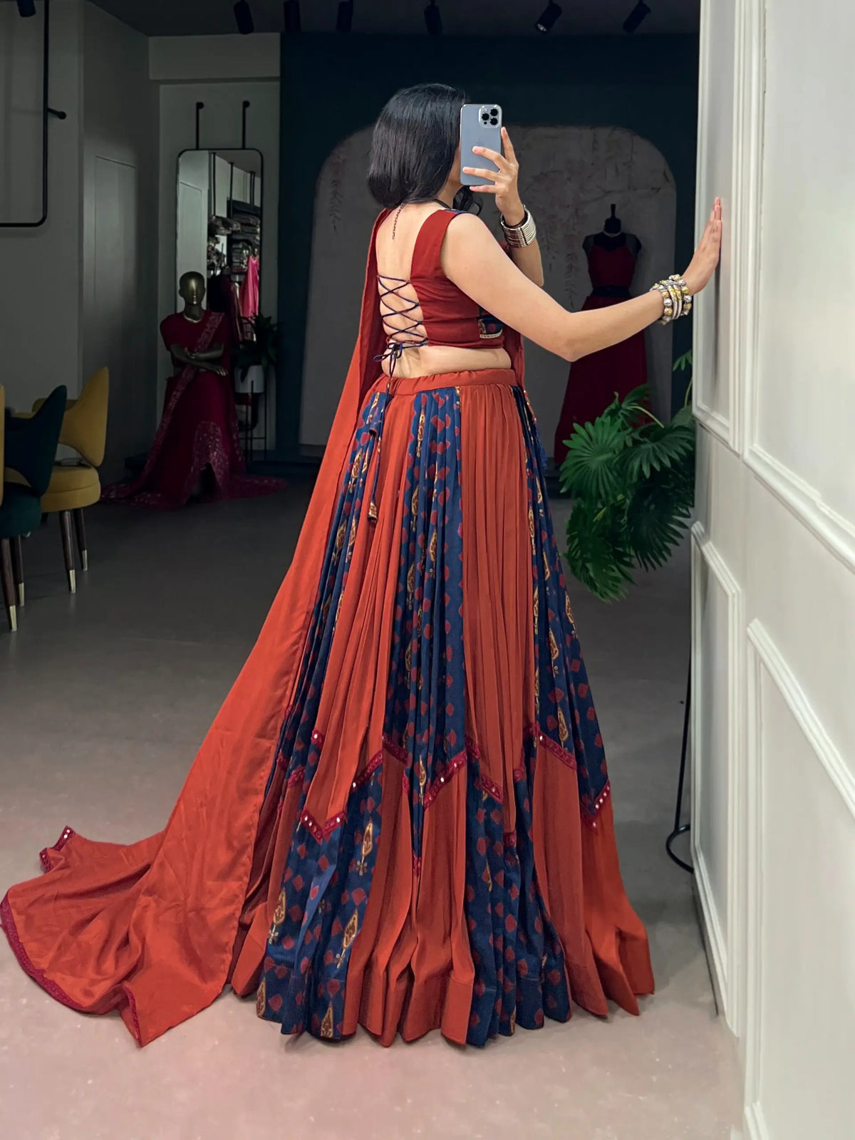 Rust-Blue Printed Silk Garba Lehenga Choli