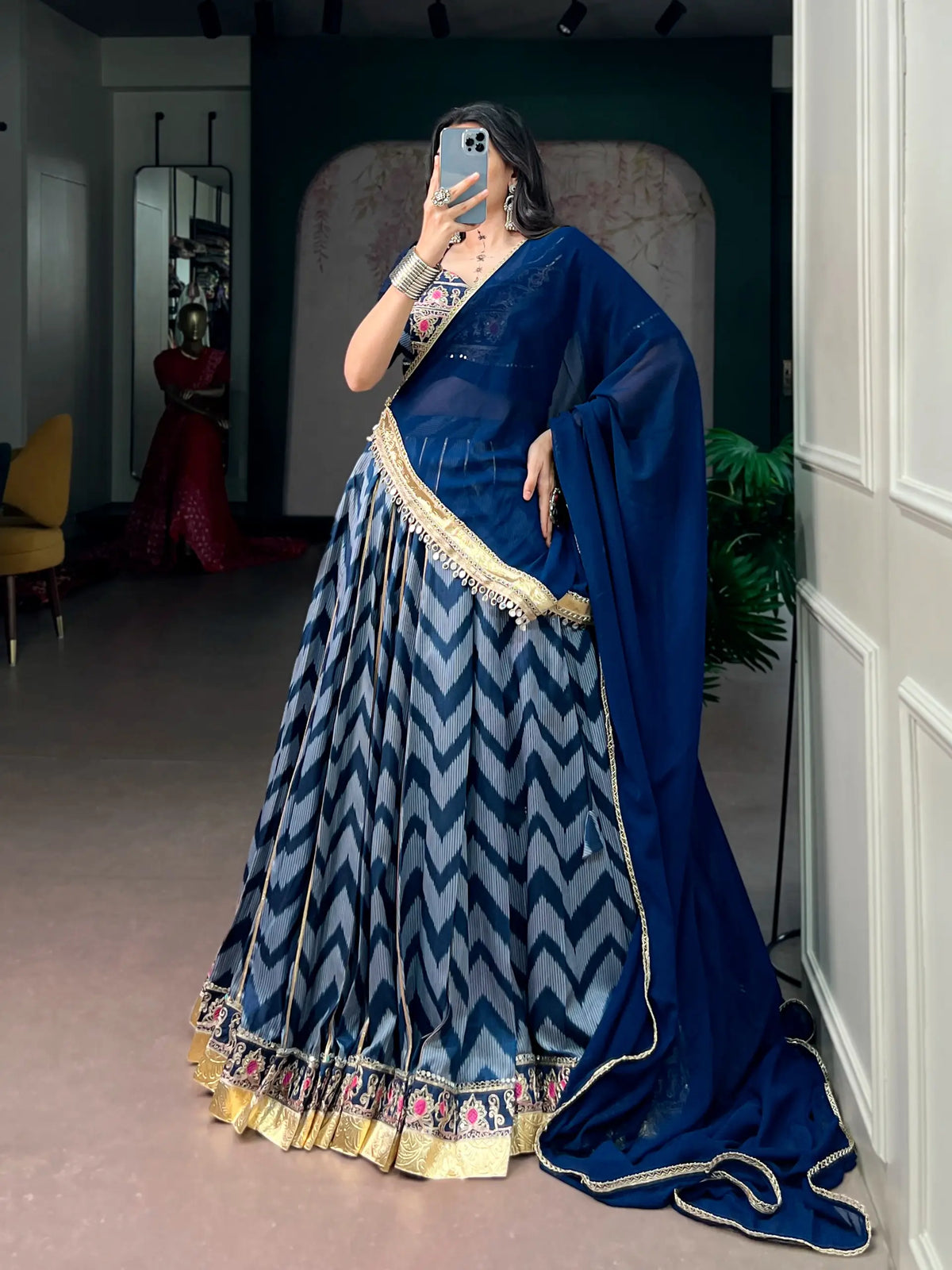 Blue Zigzag Print Garba Lehenga Choli
